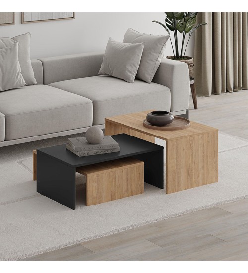 Τραπεζάκι σαλονιού σετ 3 τμχ. χρώμα sapphire oak - silky black 80x50x40,5εκ.