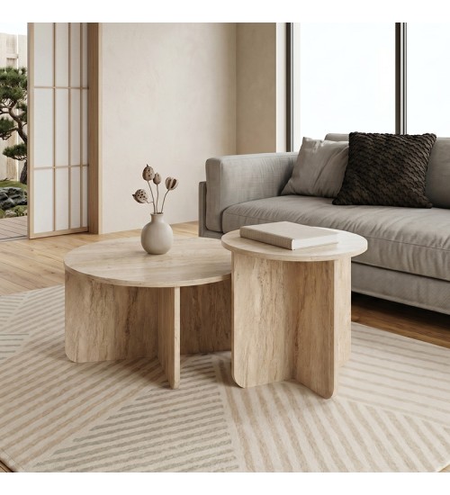 Τραπεζάκι σαλονιού σετ 2 τμχ χρώμα travertine Ø70x38εκ.