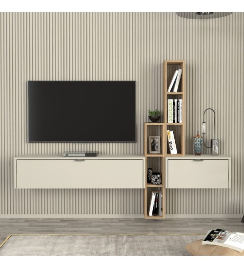 Σύνθεση τηλεόρασης επιτοίχια Edgar χρώμα sandstone - sepet oak 198,4x29,6x148,5εκ.