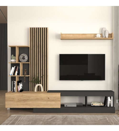Σύνθεση τηλεόρασης χρώμα ανθρακί - sepet oak 240x40x192εκ.