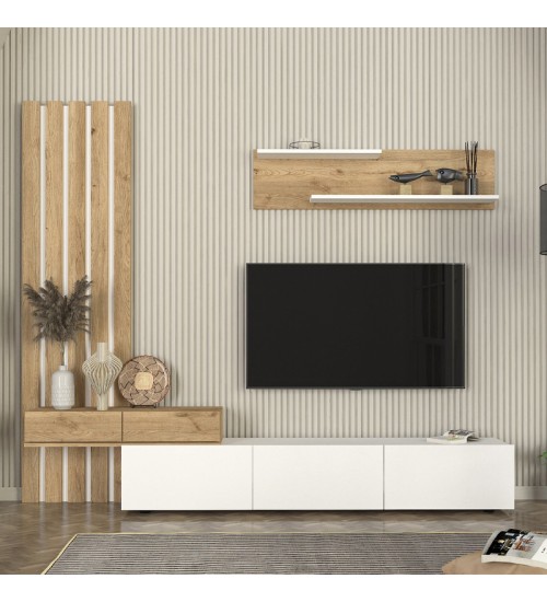 Σύνθεση τηλεόρασης χρώμα λευκό - sepet oak 233x31,3x196,8εκ.