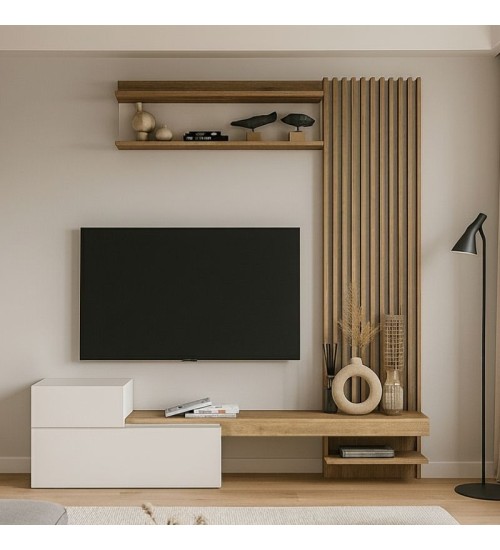 Σύνθεση τηλεόρασης χρώμα λευκό - sepet oak 180x36,8x200εκ.