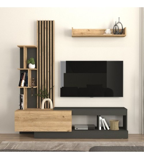 Σύνθεση τηλεόρασης χρώμα ανθρακί - sepet oak 180x40x193,8εκ.