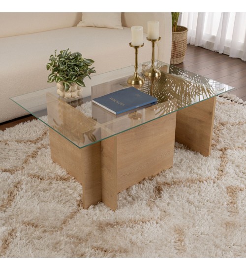 Τραπεζάκι σαλονιού γυάλινο χρώμα honey oak 105x65x40εκ.