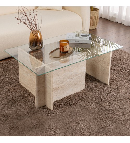 Τραπεζάκι σαλονιού γυάλινο χρώμα travertine 105x65x40εκ.