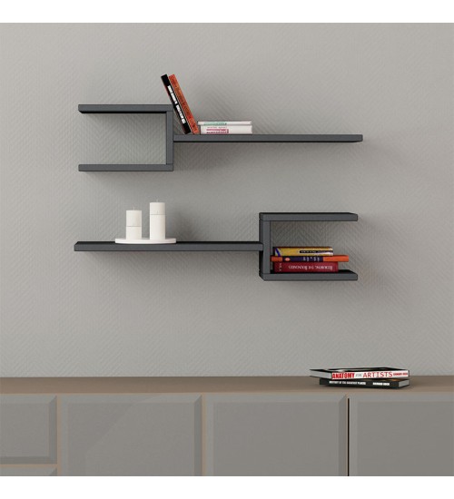 Ραφιέρα τοίχου 2 τεμαχίων από μελαμίνη χρώμα ανθρακί 75x19,5x18εκ.