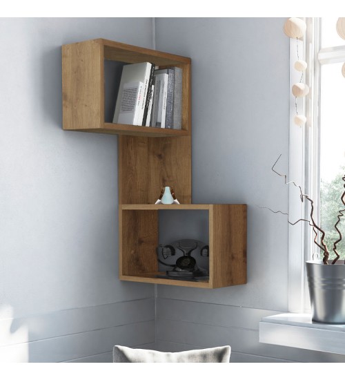 Ραφιέρα τοίχου γωνιακή μελαμίνης χρώμα ανοιχτό καρυδί 47x20x82εκ.