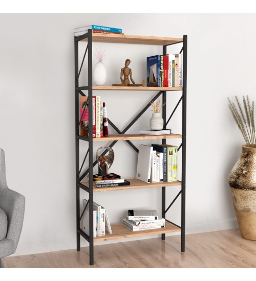 Βιβλιοθήκη μεταλλική-μελαμίνης χρώμα πεύκου βελανιδιάς 66x34x160εκ.