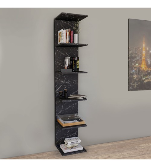 Βιβλιοθήκη-Ραφιέρα τοίχου μελαμίνης χρώμα μαύρο εφέ μαρμάρου 34,5x30x180εκ.