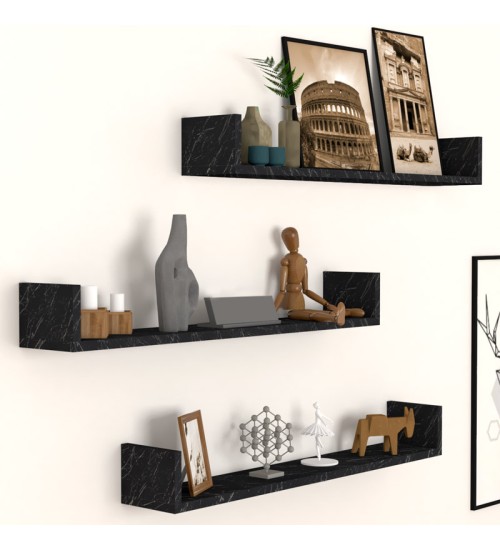 Ραφιέρα τοίχου 3 τεμαχίων από μελαμίνη χρώμα μαύρο εφέ μαρμάρου 90x15x12εκ.