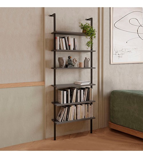 Βιβλιοθήκη τοίχου μεταλλική-μελαμίνης χρώμα μαύρο-ανθρακί 60x20x183εκ.