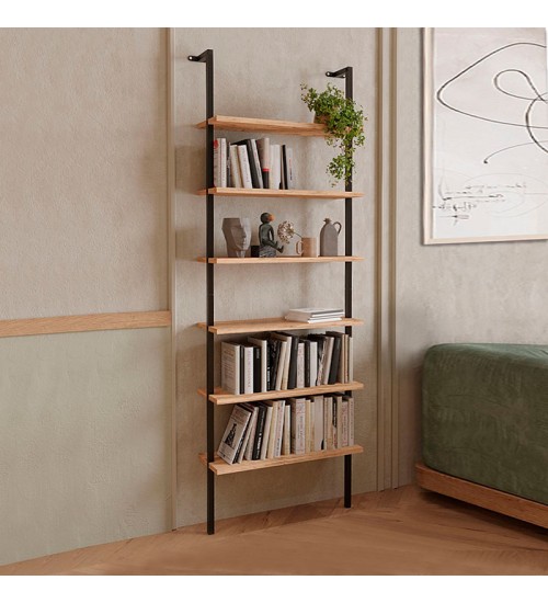 Βιβλιοθήκη τοίχου μεταλλική-μελαμίνης χρώμα μαύρο-πεύκου βελανιδιάς 60x20x183εκ.