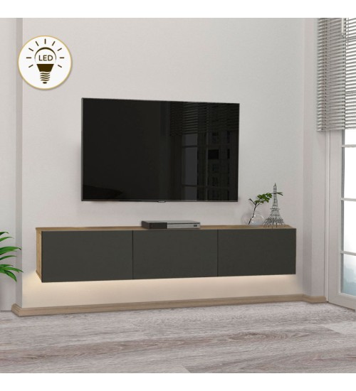 Έπιπλο τηλεόρασης με φωτισμό LED επιτοίχιο σε χρώμα Βελανιδιά-Ανθρακί 180εκ.