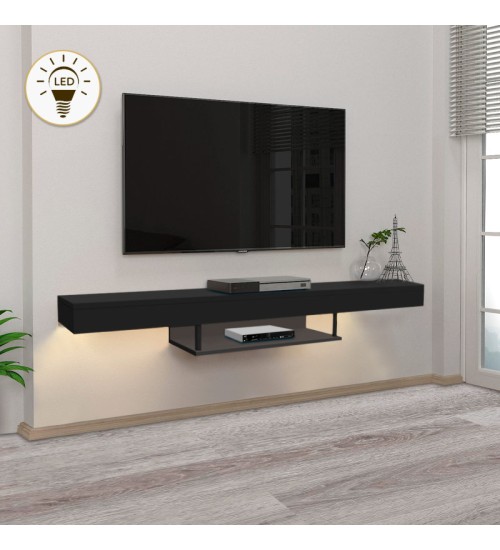 Έπιπλο τηλεόρασης με LED Επιτοίχιο σε χρώμα Μαύρο 150εκ.